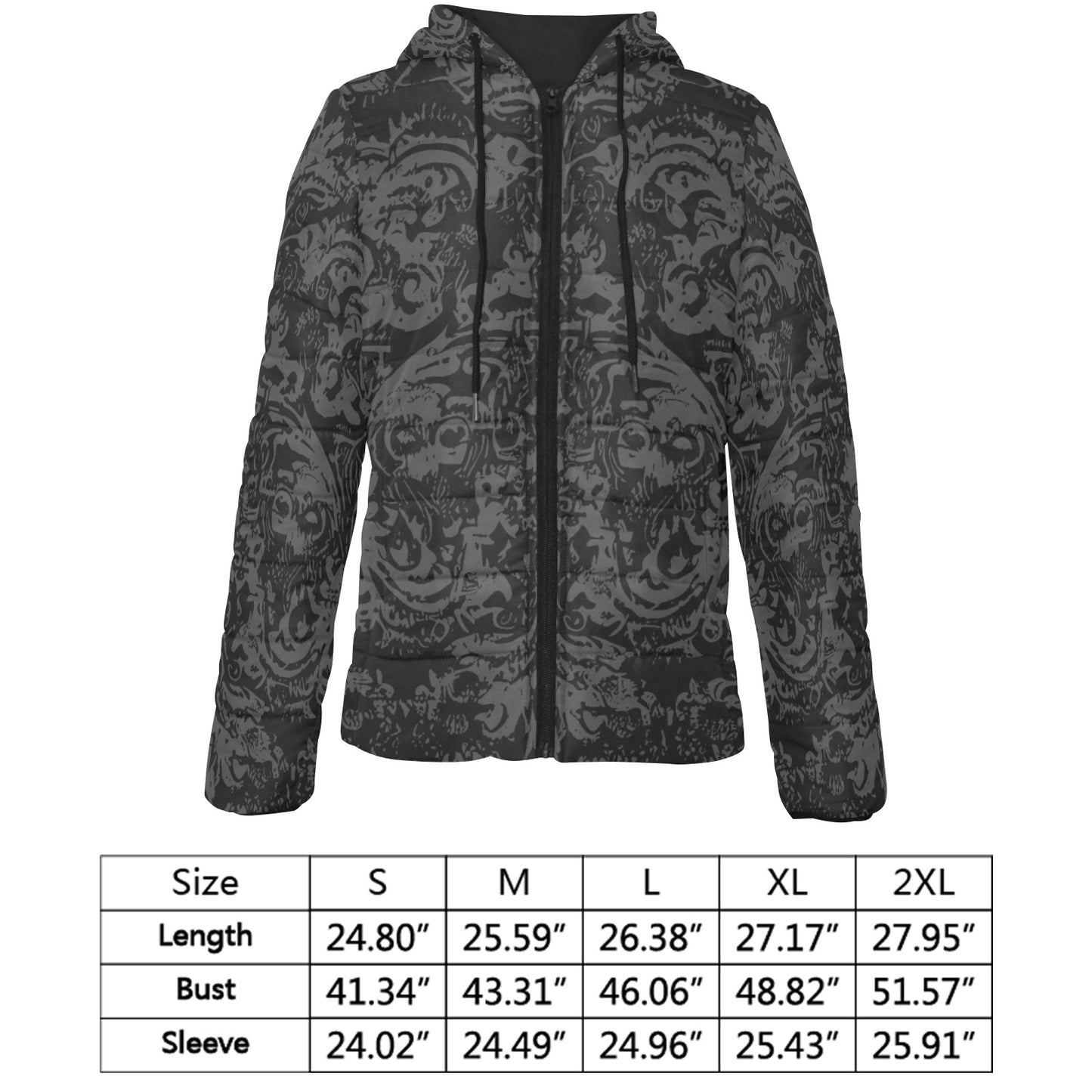 Vampire Art Urban Gothic Women's Padded Hooded Jacket - Black Grunge Damask