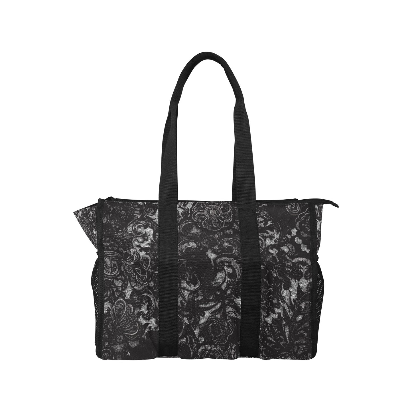 Vampire Art Retro Large Multi-pocket Beach Bag - Black Lace Print