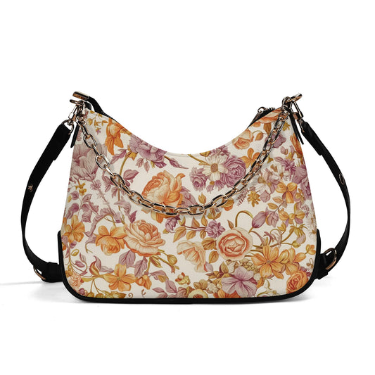 Vampire Art Retro PU Cross-body Bag With Chain Decoration - Florals in Orange and Lilac