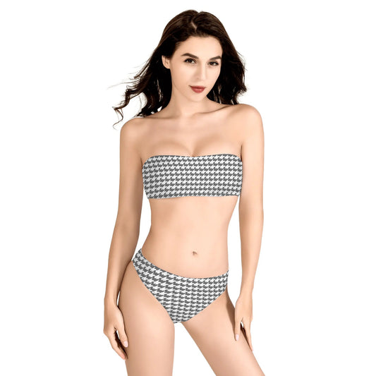 Womens Two Piece Bandeau Strapless Retro Bikinis Swimsuit - Charcoal Grey Houndstooth