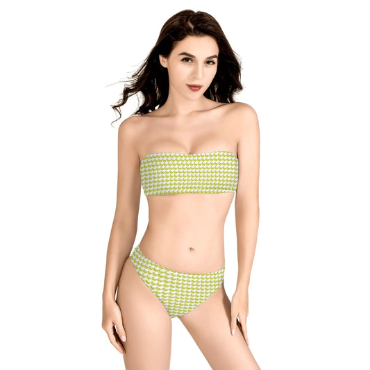 Womens Two Piece Bandeau Strapless Retro Bikinis Swimsuit - Green Houndstooth