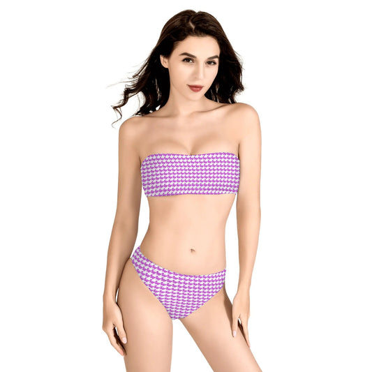 Womens Two Piece Bandeau Strapless Retro Bikinis Swimsuit - Lilac Houndstooth