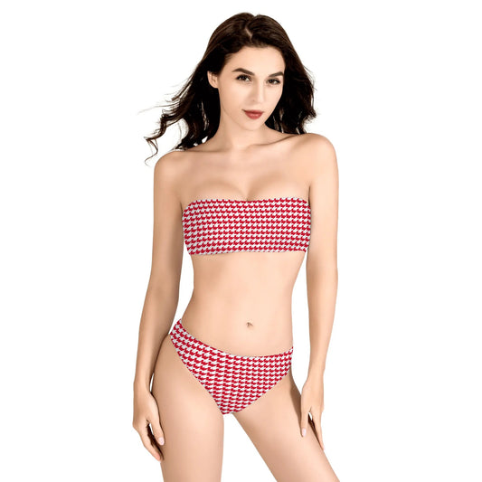 Womens Two Piece Bandeau Strapless Retro Bikinis Swimsuit - Red Houndstooth