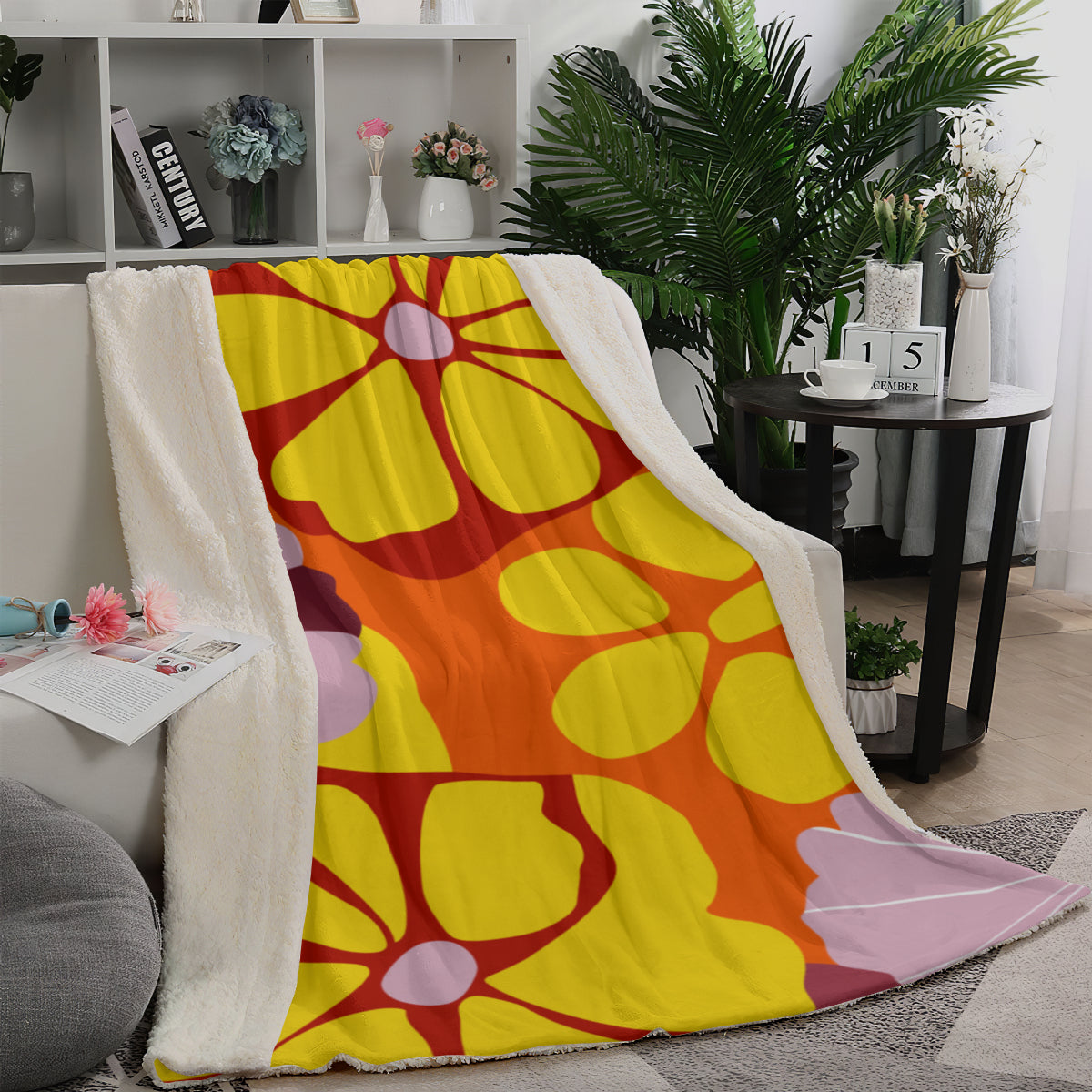 Vampire Art Retro Bold Chic Florals Sherpa Thick Blanket - Orange and Yellow with Lilac