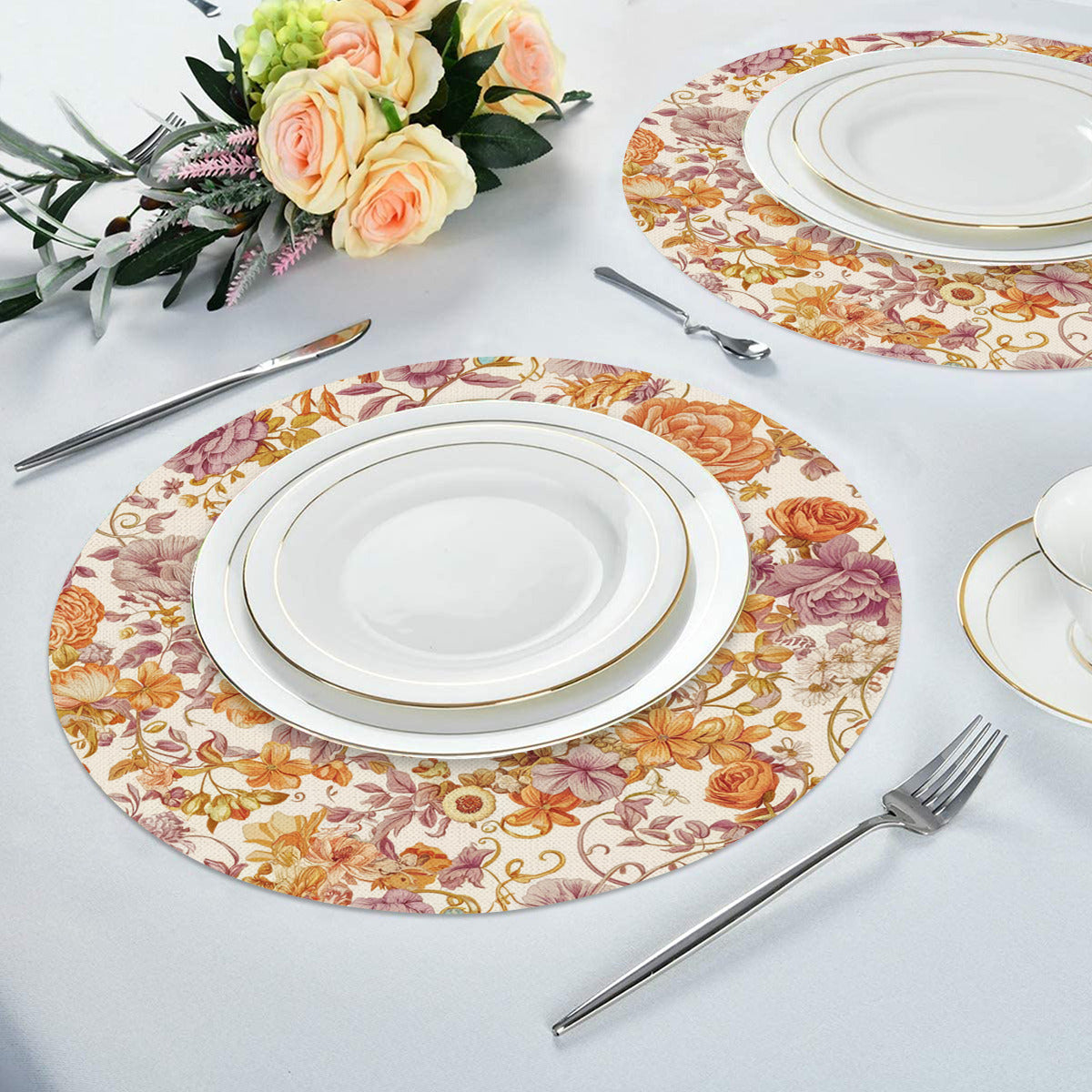 Vampire Art Retro Linen Round Placemats - Delicate Florals in Orange and Lilac