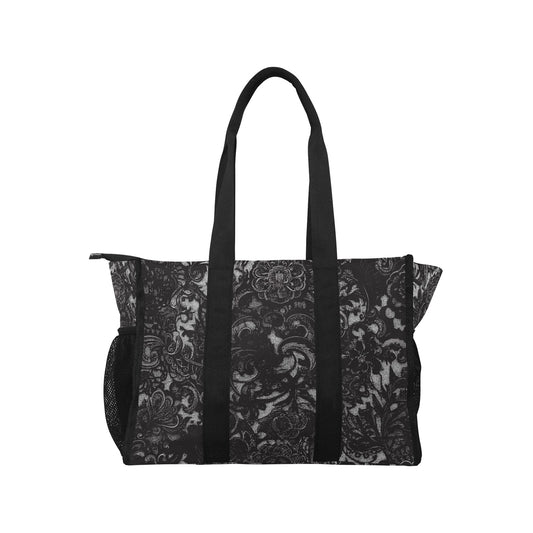 Vampire Art Retro Large Multi-pocket Beach Bag - Black Lace Print