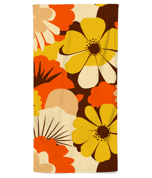 Vampire Art Retro Bold Sixties Florals Premium Beach Towel - Yellow and Brown - 70 x 140 cm