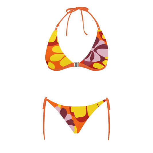 Vampire Art Retro Glam Bold Buckle Front Halter Bikini Swimsuit Set - Orange Yellow Lilac