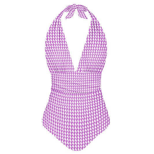 Vampire Art Retro Chic Deep V high-waisted One-piece Swimsuit - Lilac Houndstooth