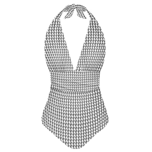 Vampire Art Retro Chic Deep V high-waisted One-piece Swimsuit - Charcoal Grey Houndstooth