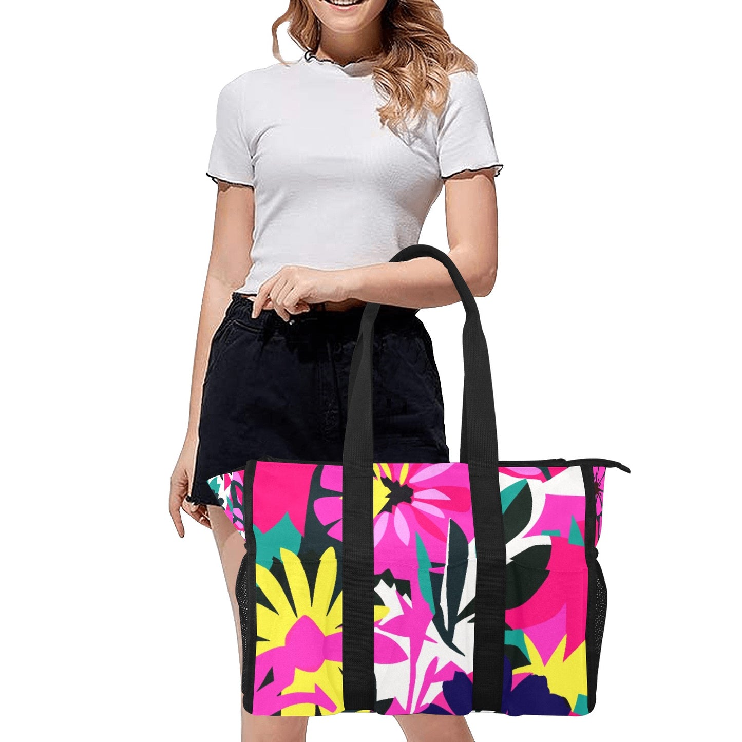 Vampire Art Retro Large Multi-pocket Beach Bag - Bold Sixties Florals in Pink