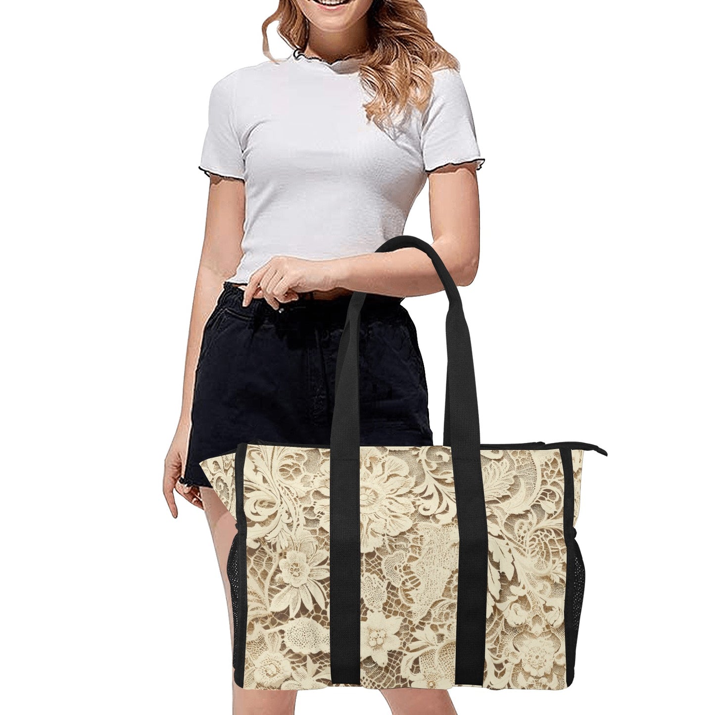 Vampire Art Retro Large Multi-pocket Beach Bag - Cream Lace Print