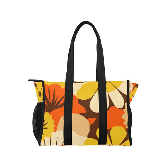 Vampire Art Retro Large Multi-pocket Beach Bag - Bold Sixties Floral in Yellow and Brown
