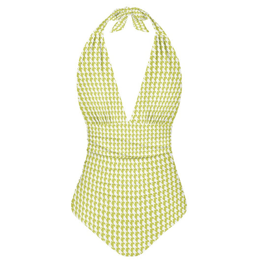 Vampire Art Retro Chic Deep V high-waisted One-piece Swimsuit - Olive Green Houndstooth