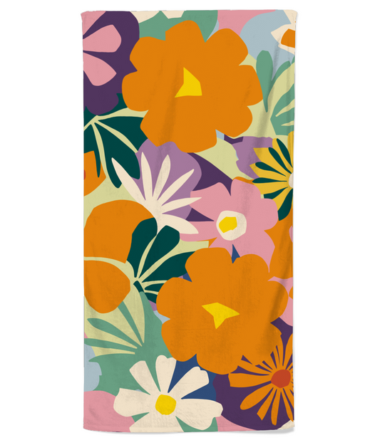 Vampire Art Retro Bold Sixties Florals Soft and Lightweight Beach Towel - Multicolour with Orange - 70 x 140 cm - Made in the UK