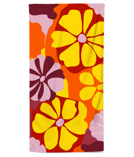 Vampire Art Retro Bold Sixties Florals Premium Beach Towel - Yellow Flowers with Lilac - 70 x 140 cm