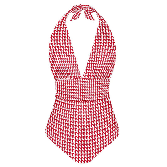 Vampire Art Retro Chic Deep V high-waisted One-piece Swimsuit - Red Houndstooth