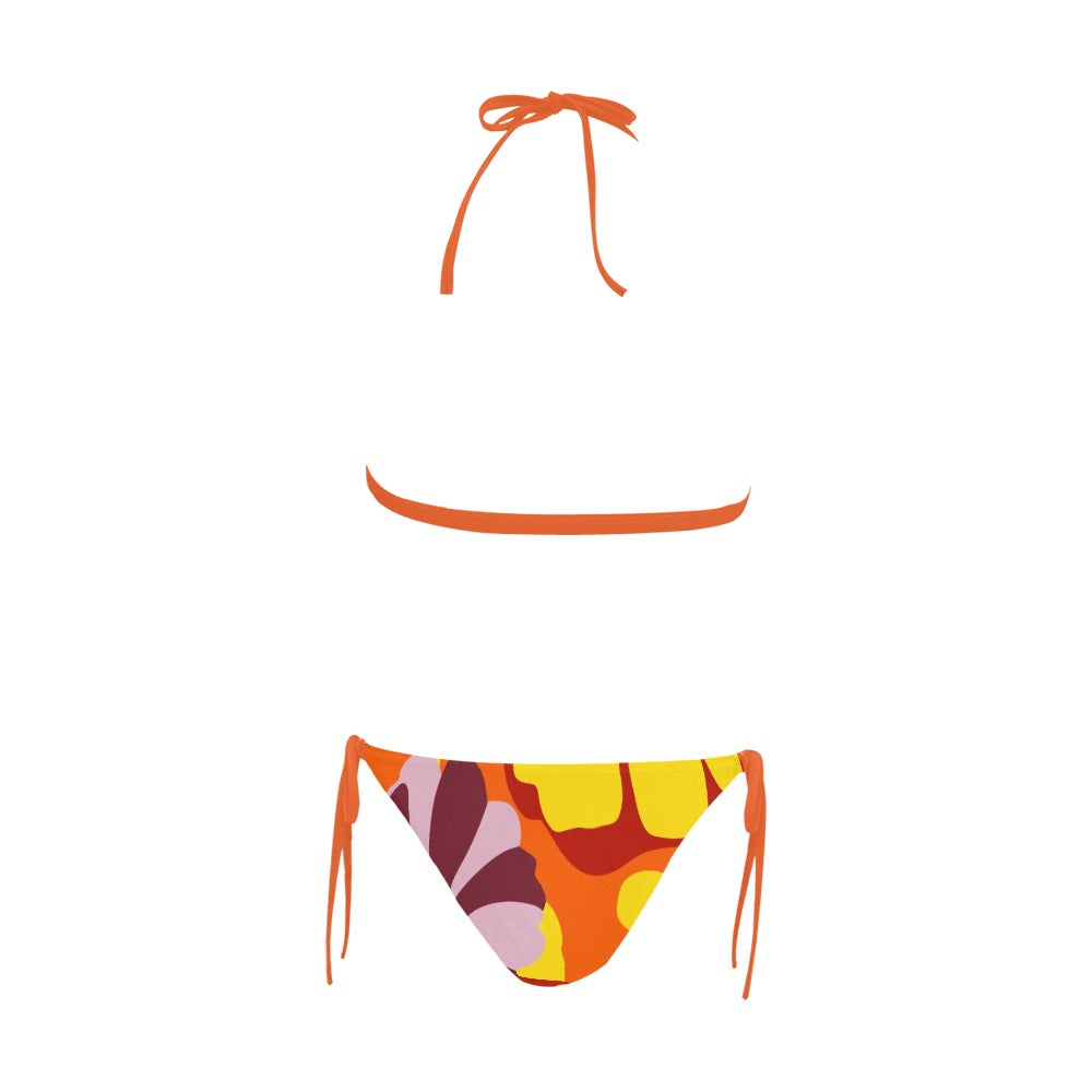 Vampire Art Retro Glam Bold Buckle Front Halter Bikini Swim Set - Orange Yellow Lilac