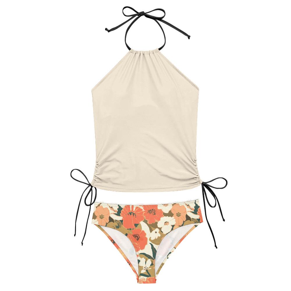Retro Hawaiian Floral Tankini – Surfer Two-Piece Swimsuit, Halterneck Drawstring, Flattering Fit