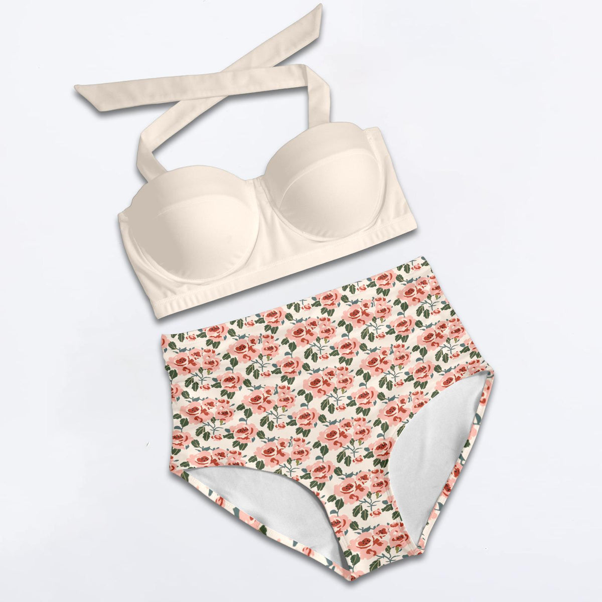 Vintage High-Waisted Bikini | Retro Classic Roses Halter Swimsuit | Coquette Ruched Two-Piece | 2 Styles