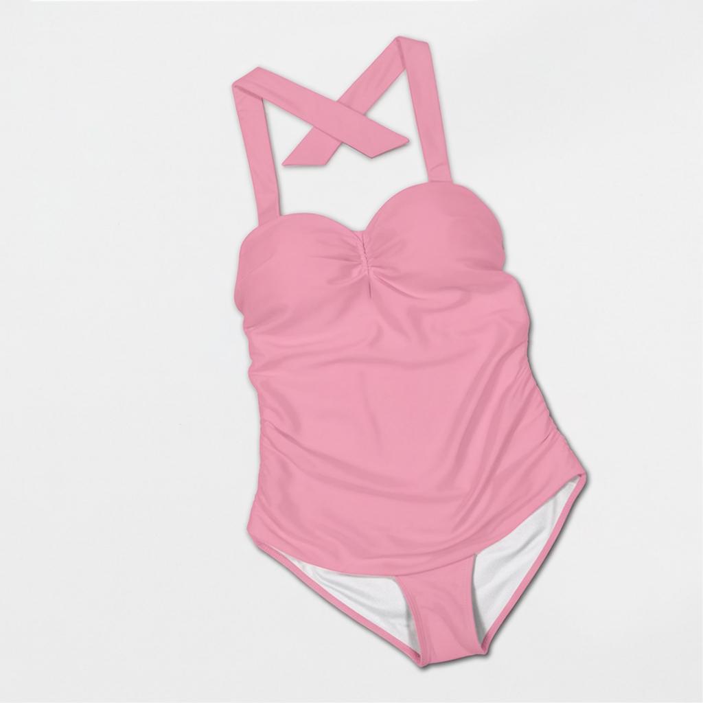 Retro Coquette Bubblegum Pink Sweetheart One-Piece, Vintage Pin-Up Halter Ruched Swimsuit, Tummy Control & Padding