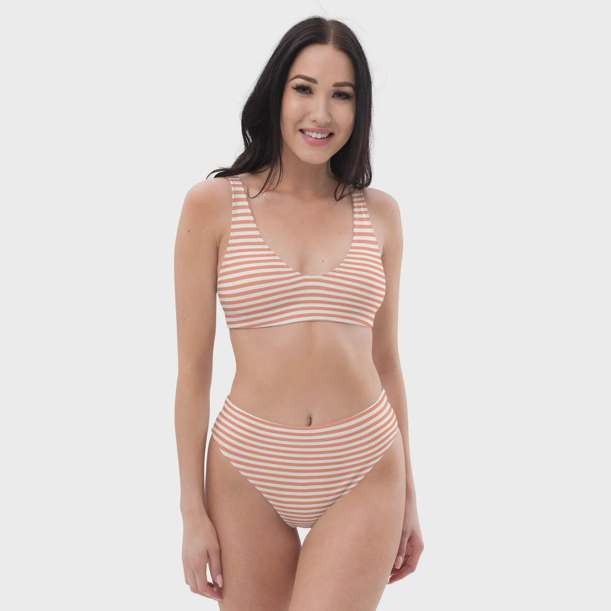 Striped High-Waisted Bikini – Nautical Recycled Swimwear, UPF 50+