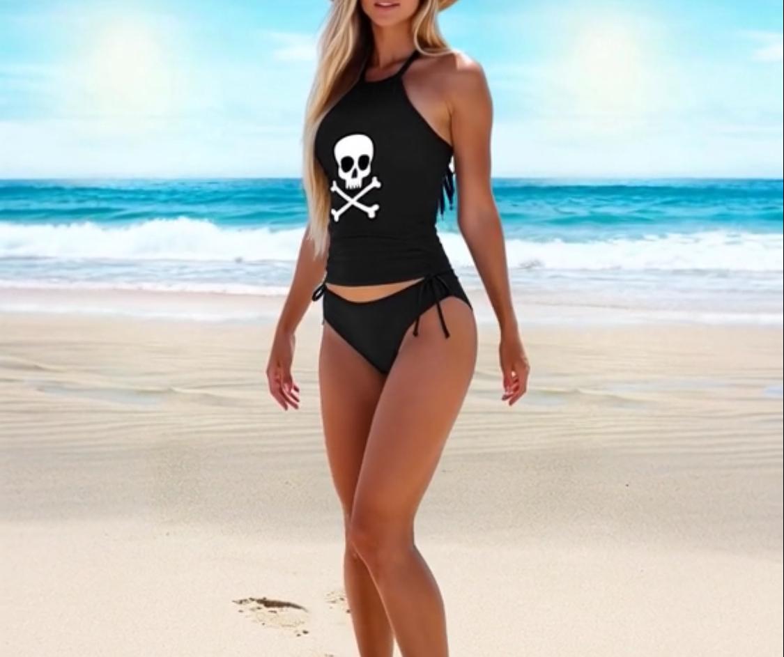 Skull & Crossbones Tankini Set - Black Halter Top, Adjustable Sides