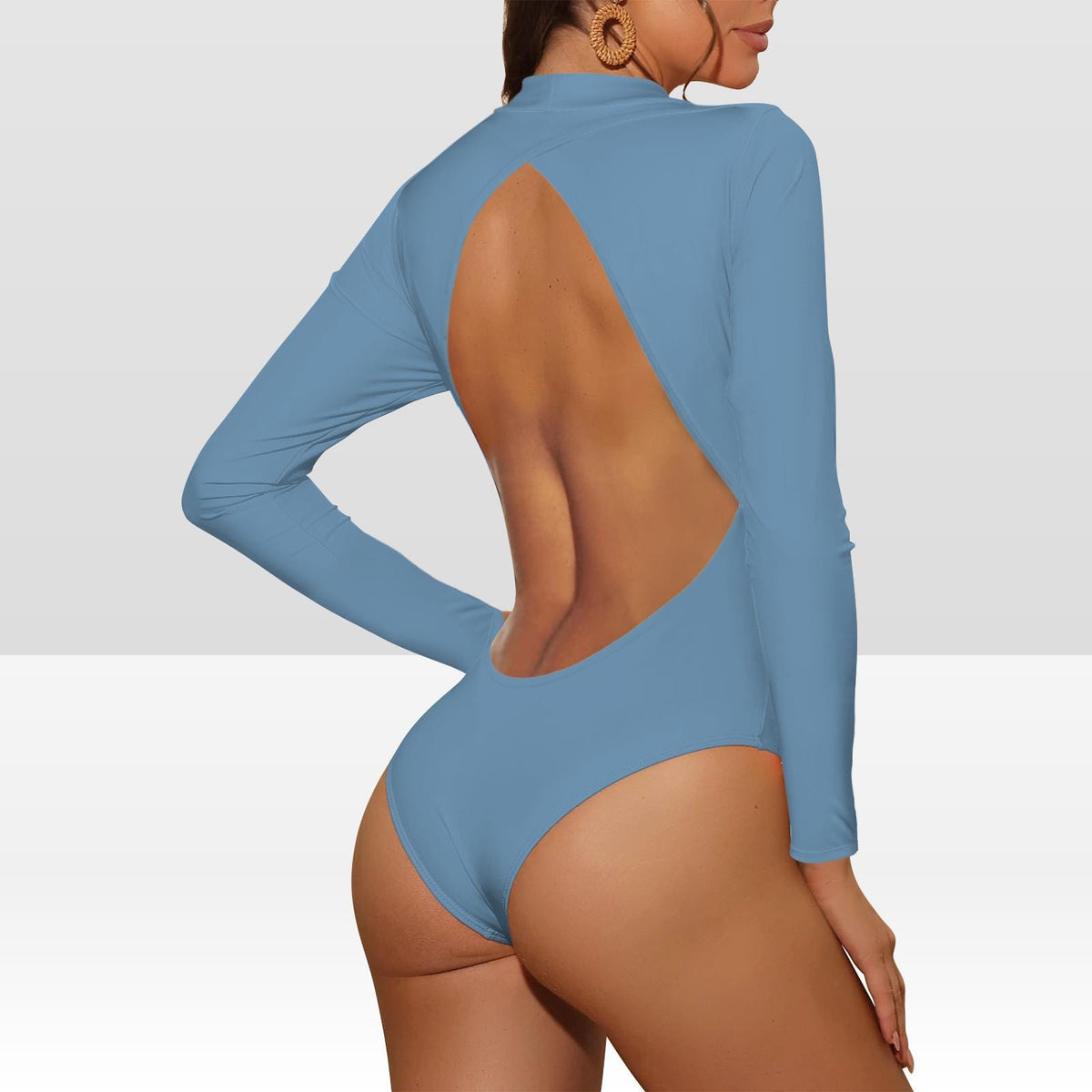 Surfing Women One-Piece Swimsuit, Long-Sleeve Open-Back Rash-Guard, Lined Front, Removable Padding - Powder Blue