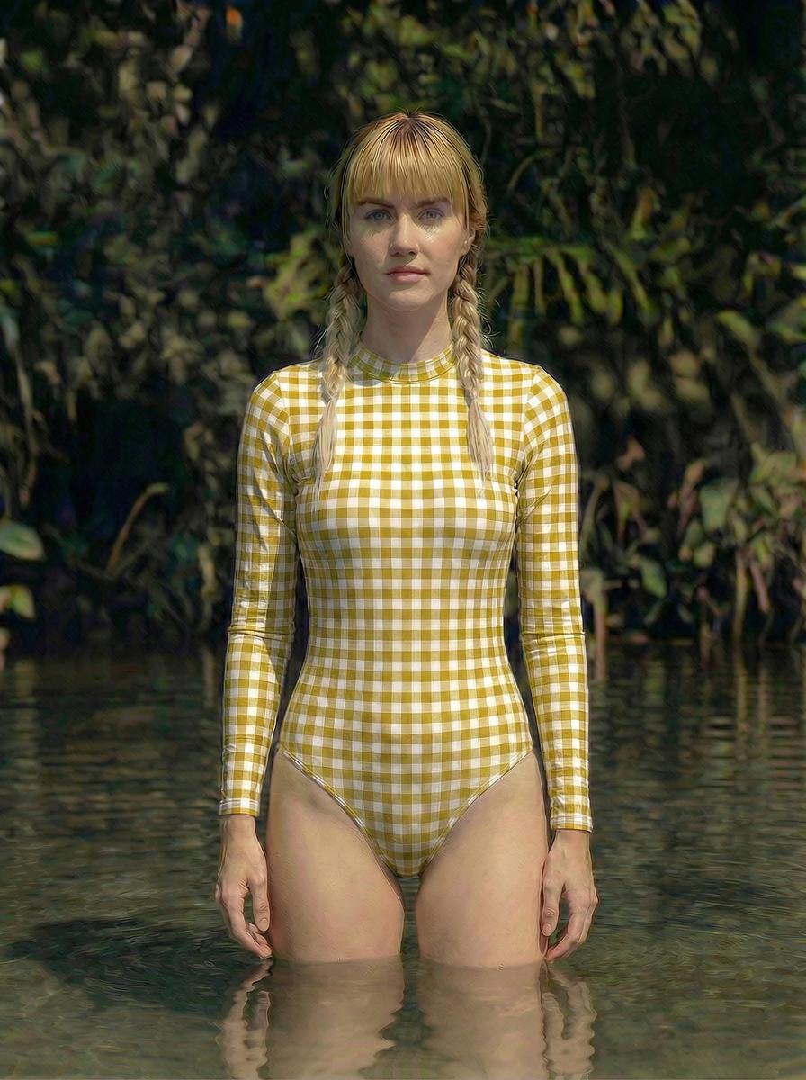 Retro Look Long-Sleeve One-Piece Swimsuit - Back-Zipper - Lightweight - Checkered Gingham - Various Colours
