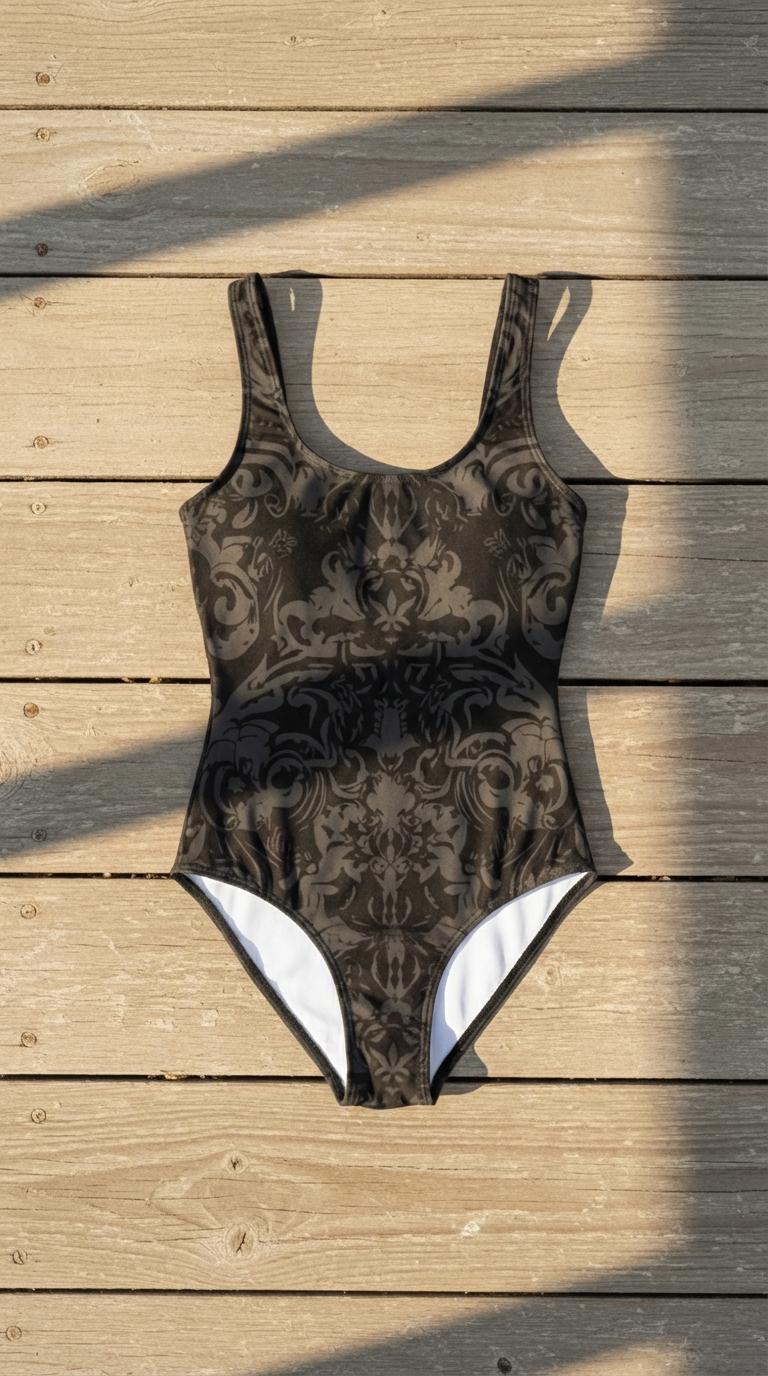 Black Damask One-Piece Swimsuit, Goth-Inspired Backless Swimwear