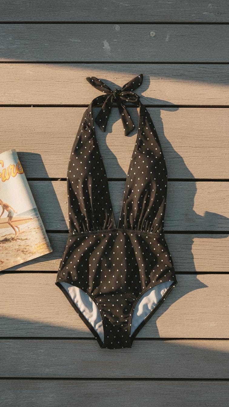 Classic Black Polka Dot One Piece Swimsuit – High-Waist Retro Bathing Suit, Backless Halter Swimwear