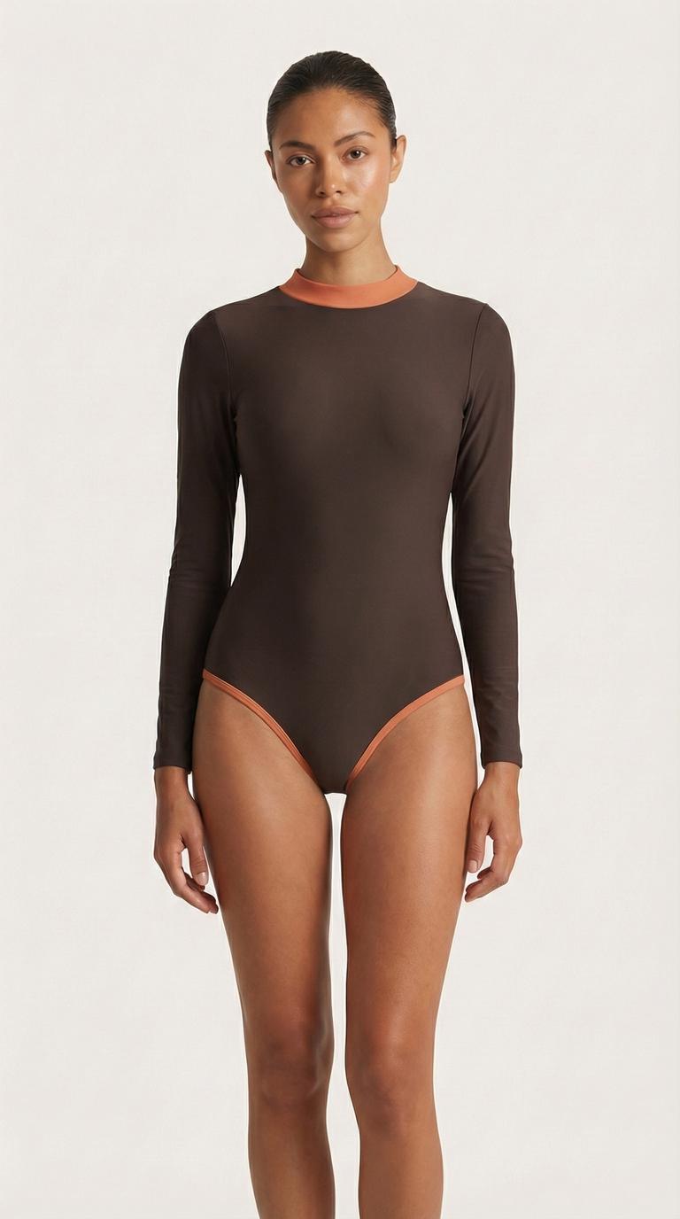 Retro Long-Sleeve One-Piece Swimsuit - Back Zipper - Lightweight - Soft Chest Pads - Blue with Pink Details