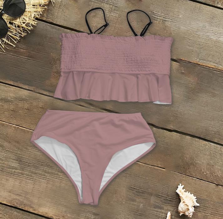 Retro Smocked Bikini Set with Ruffle | Vintage-Inspired Crop Tankini Swimsuit | Delicate Colours