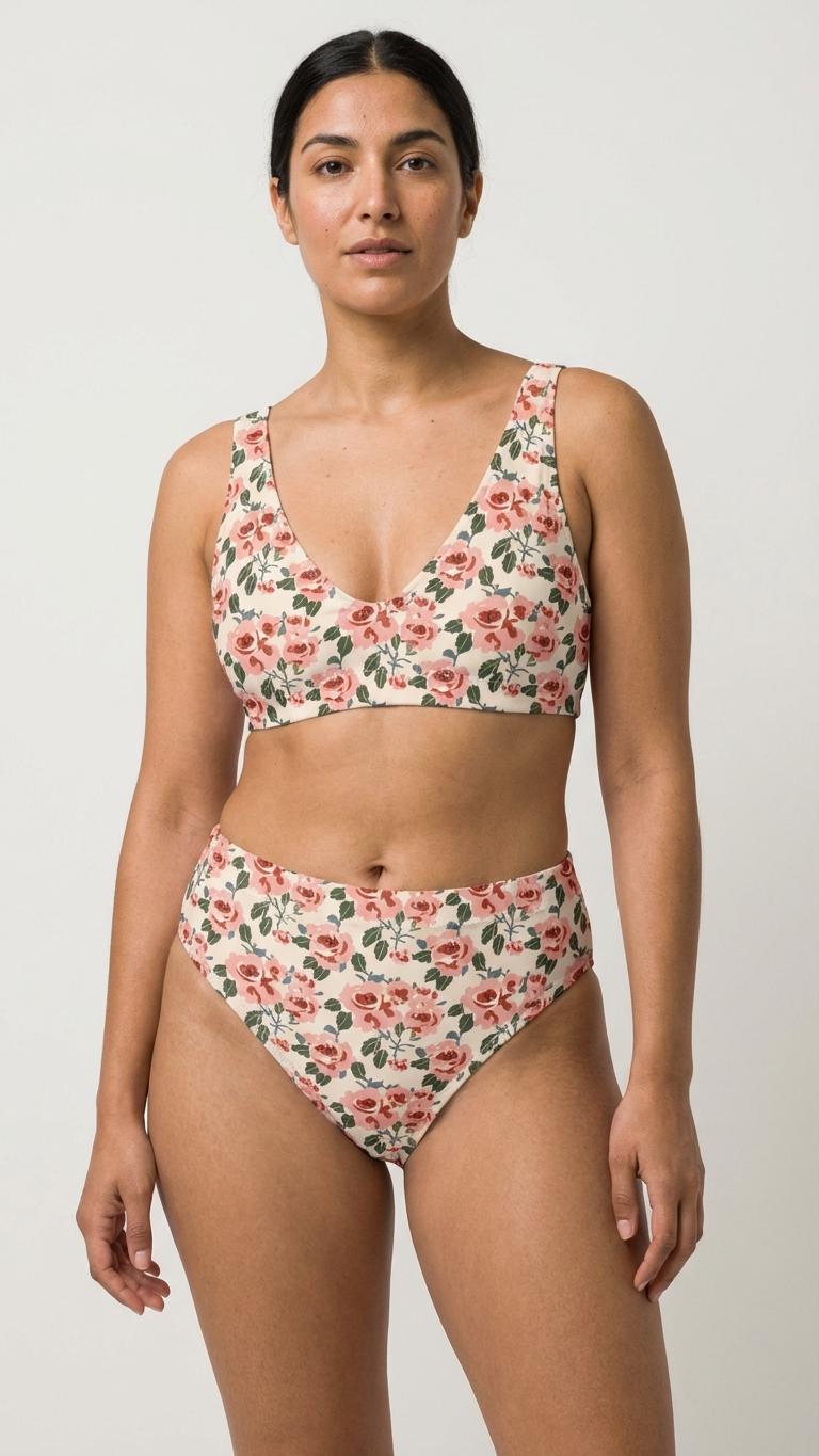 Coquette Roses Bikini Swimsuit – Eco-Friendly Recycled High-Waisted Floral Two-Piece Cottagecore Romantic Retro Surf Beachwear