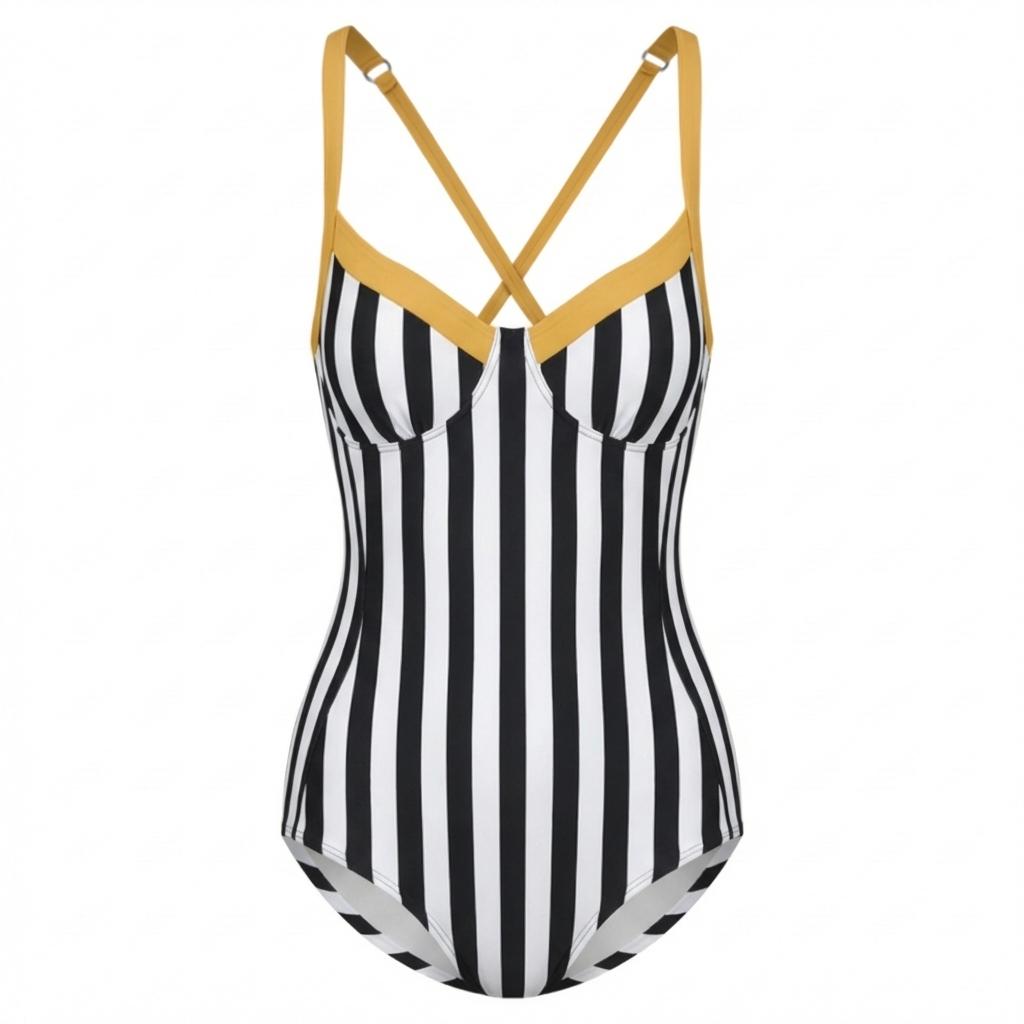 Retro Romantic Striped Push-Up One-Piece Swimsuit with Lace-Up Back, Stripes in Mauve & Other Colours