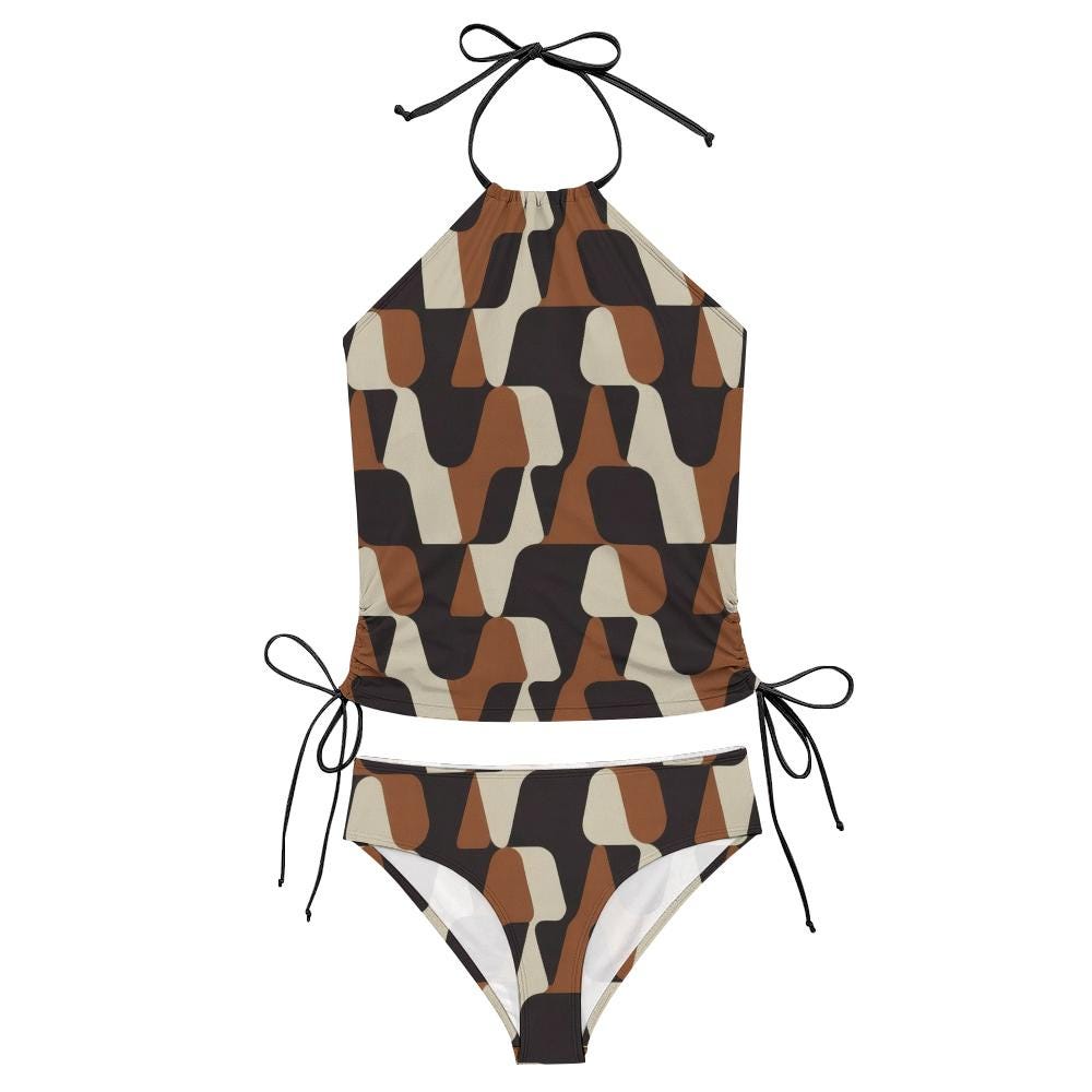 Retro Halterneck Tankini Swimsuit – 1960s Groovy Prints, Side Drawstrings