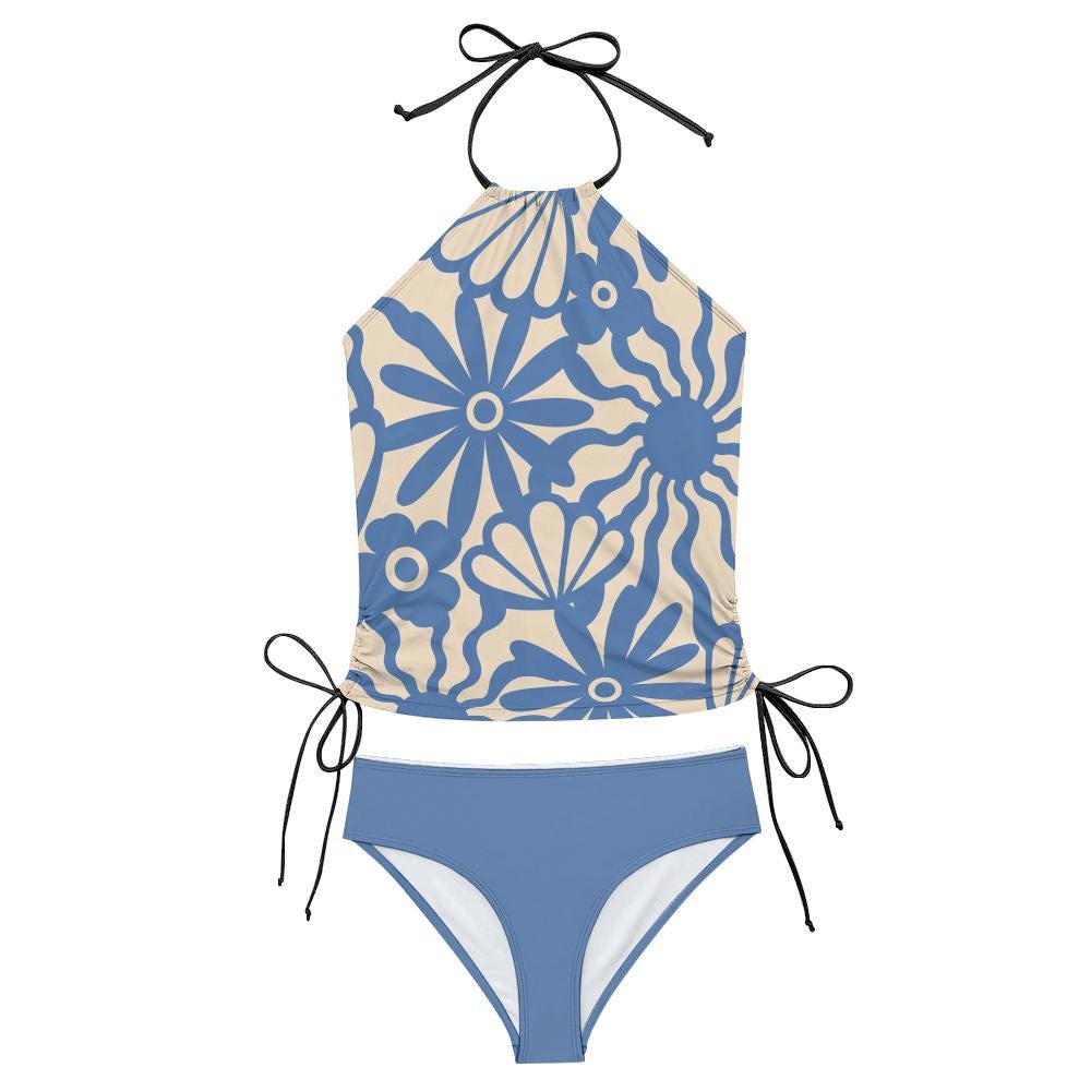Retro Boho Floral Two-Piece Tankini Swimsuit Set - Drawstring Halterneck Flattering Fit Surfing Swimwear - Blue