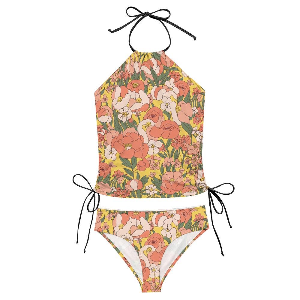 Retro Floral Tankini Two-Piece Swimsuit - Drawstring Halter Flattering Surfing Swimwear - Yellow Florals