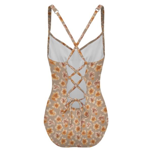 Retro Romantic Floral Push-Up One-Piece Swimsuit with Lace-Up Back, Taupe with Earthy Florals