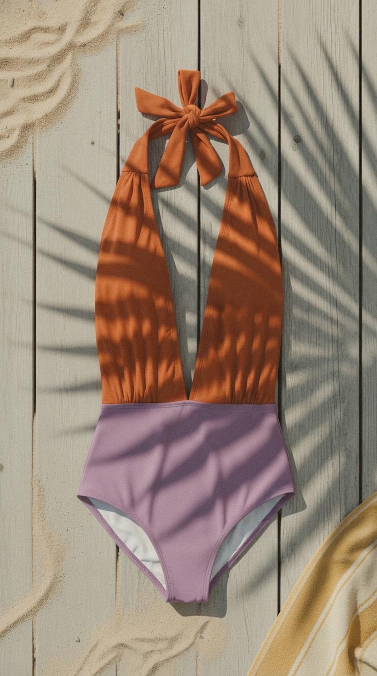 Retro Monroe Rust and Purple Halter Plunge One Piece Swimsuit