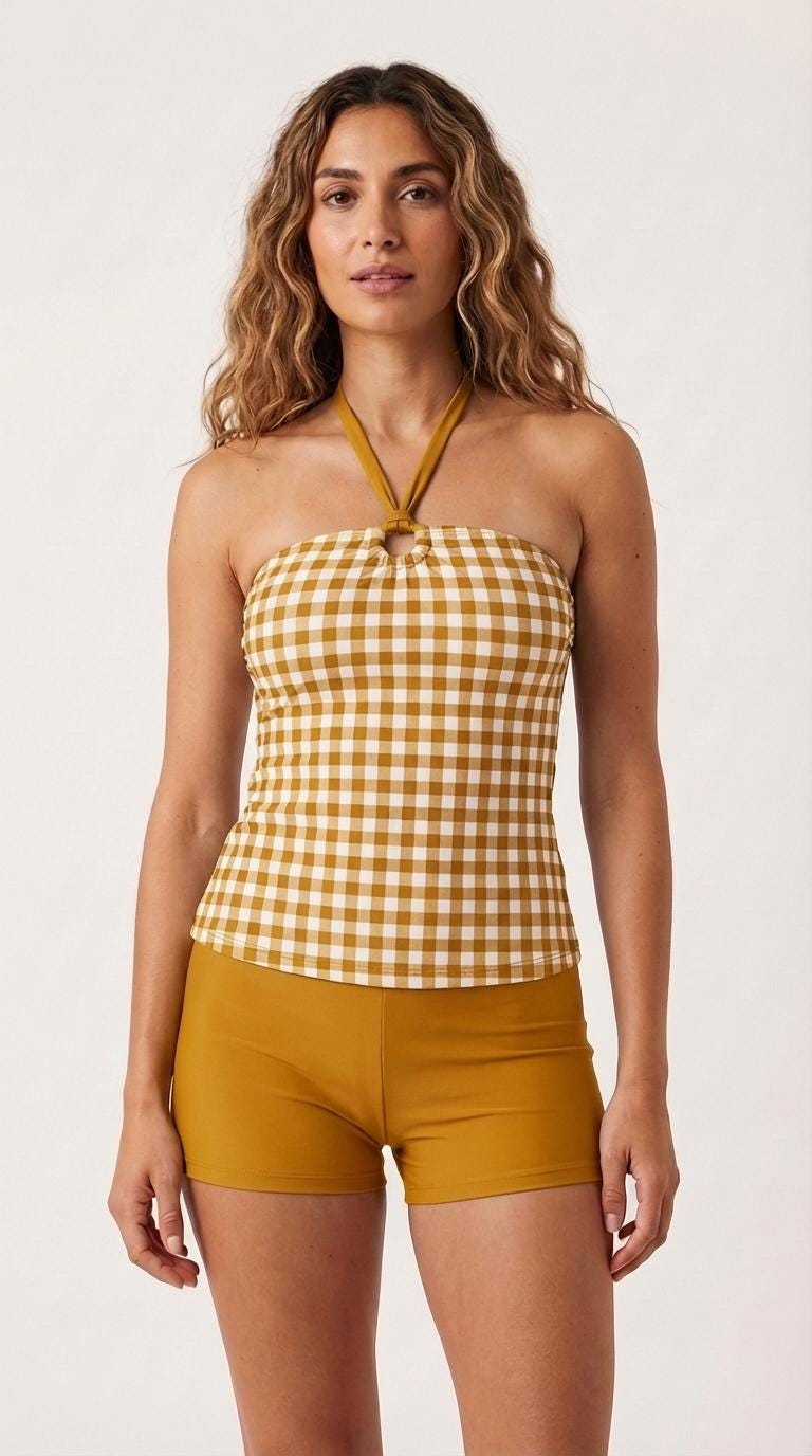 Halter Tankini Boyshorts Swimwear Set | Two-Piece Flattering Swimsuit | Gingham