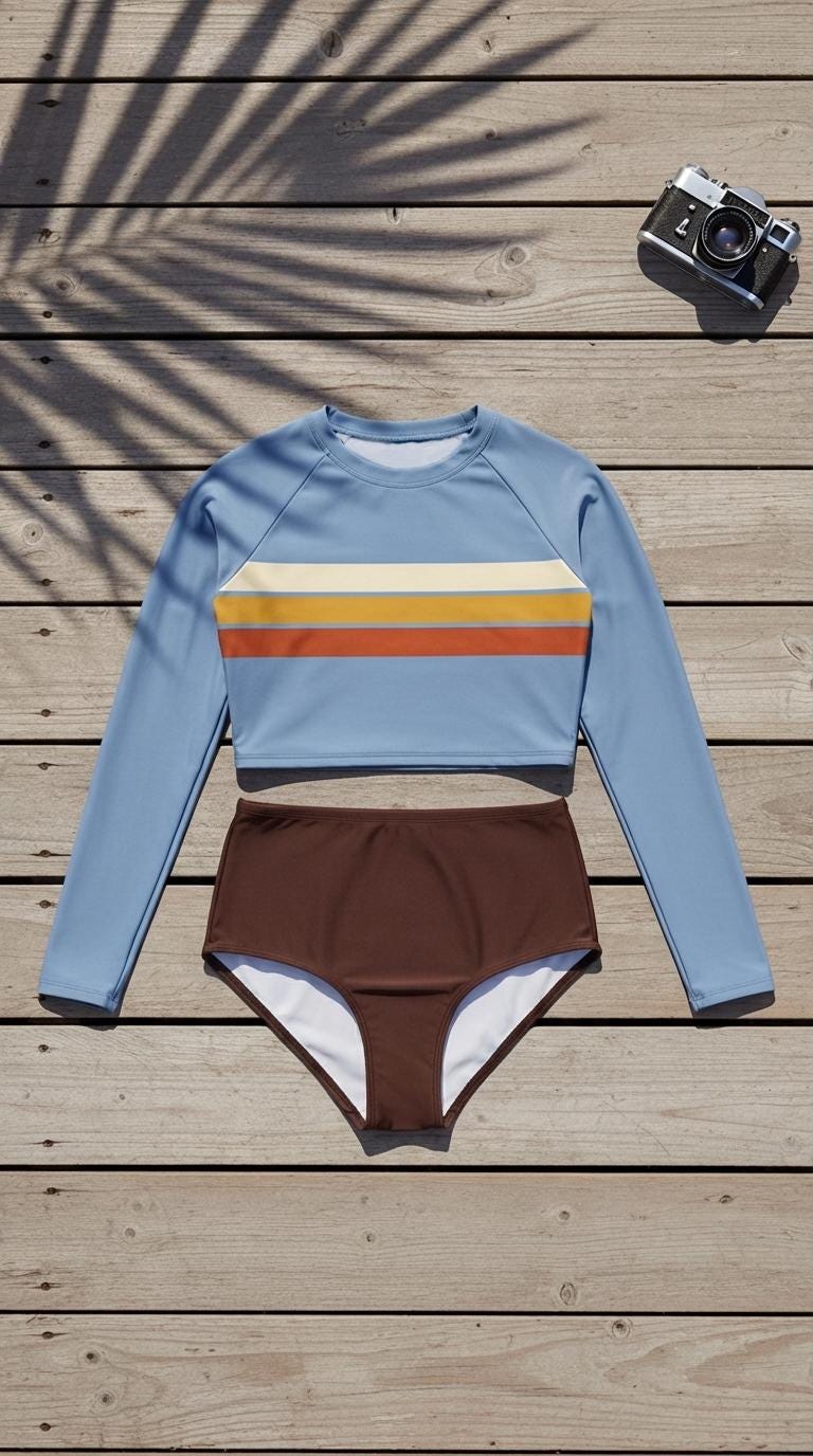 70s Retro Surf Sporty Long-Sleeve Crop-Top Bikini | High-Waist Two-Piece Swimwear | Blue & Brown