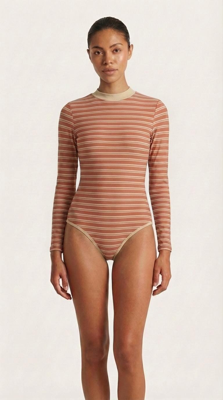 Retro Long-Sleeve One-Piece Swimsuit - Back Zipper - Lightweight - Soft Chest Pads - with Stripes