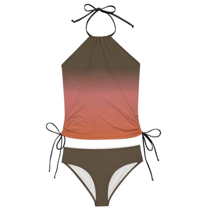 Stylish Halterneck Tankini – Brown Gradient Two-Piece Swimsuit with Side Drawstrings, Flattering & Comfortable