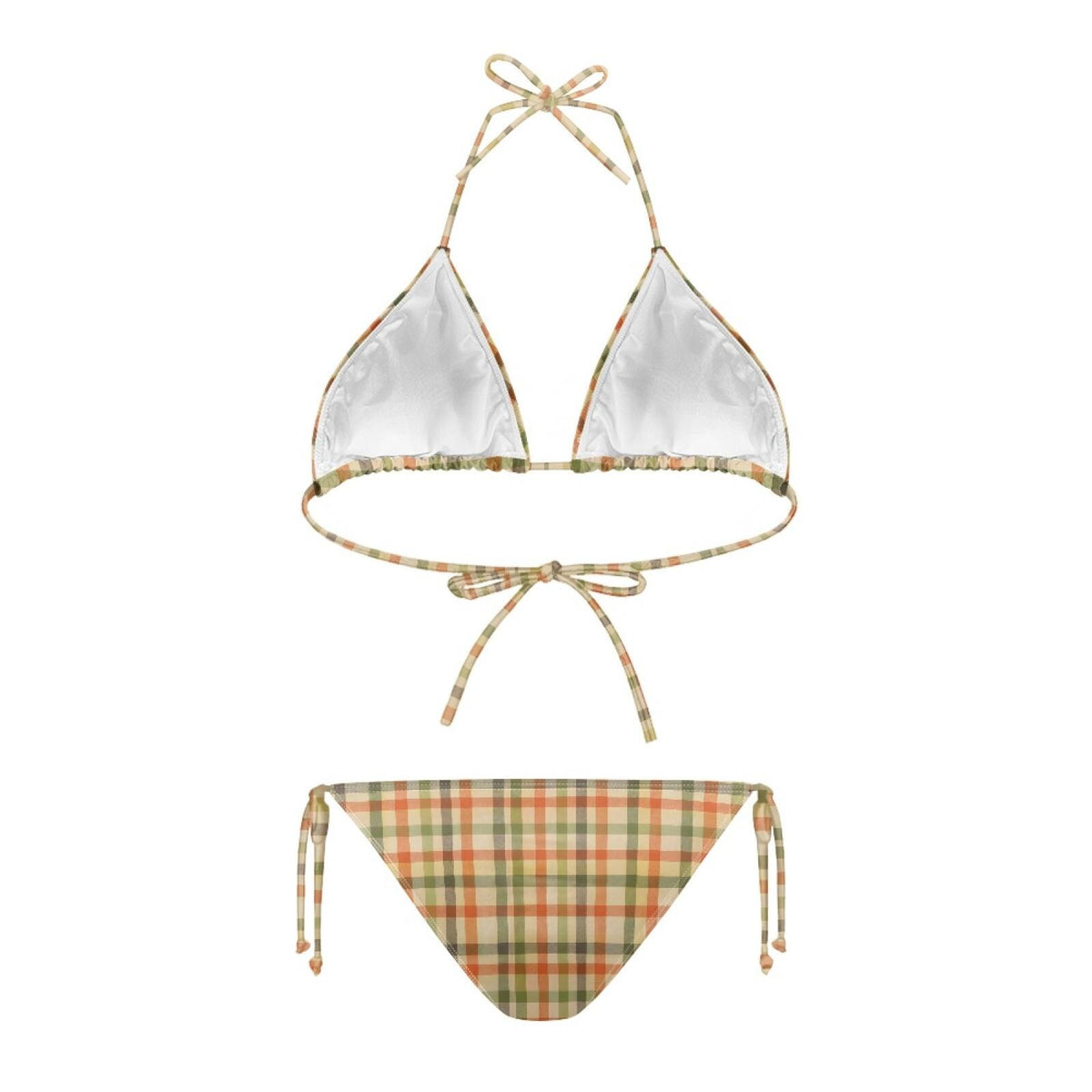 Plaid Triangle Bikini Set, Removable Pads, Adjustable Halter String Tie-Up Swimsuit, XS-2XL, 1970s Colours