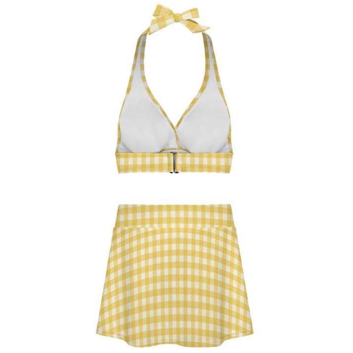 Yellow Gingham Retro Halter Tankini Skort Swim Set with Integrated Bottoms