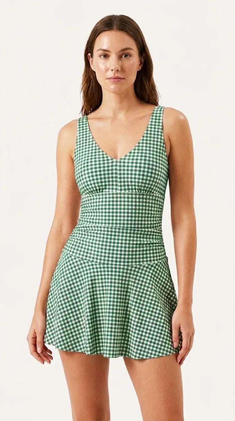 Retro Pleated Swim Dress with Matching Boy Short Bottoms, Vintage-Inspired Modest Tankini, Ginghams