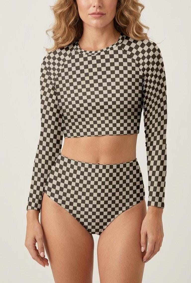 Checker Two-Piece Swimsuit, Retro Long Sleeve Crop Rash Guard