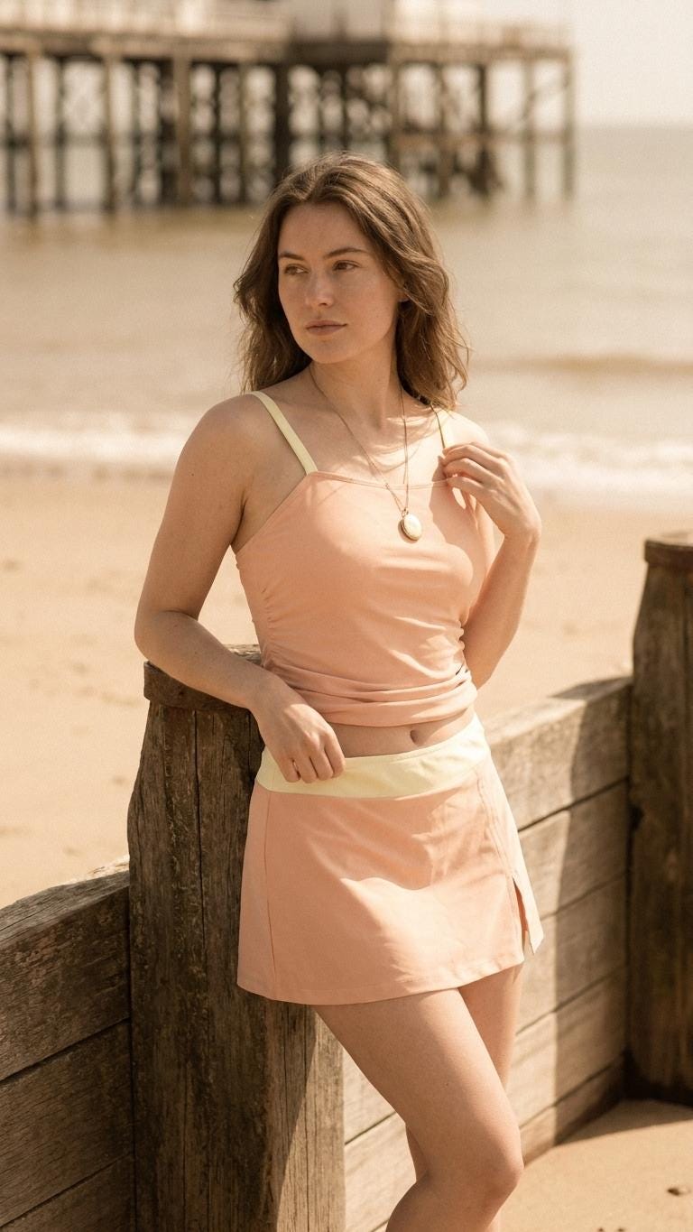 Blush Pink and Cream Retro Tankini Skirt 3-Piece Swim Set