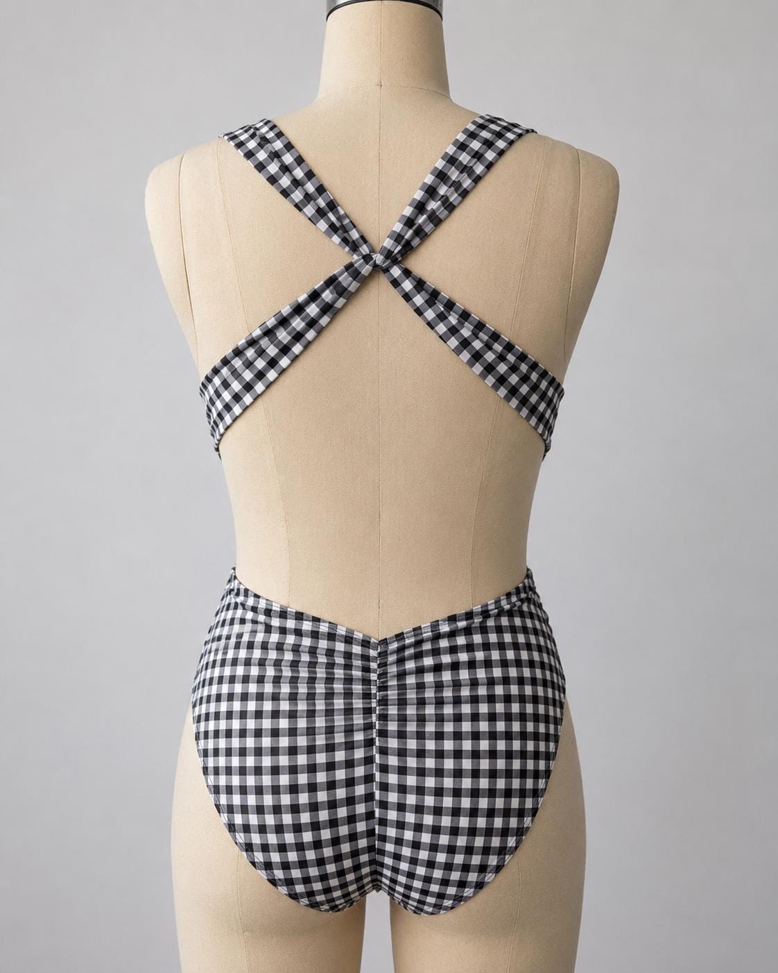 Black Gingham Deep Plunge Low Back Swimsuit – Crossover Back, Ruched Details